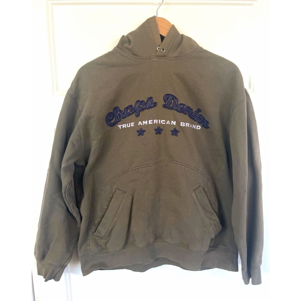 Chaps Denim Mens Fleece Pullover Hoodie Embroidered Logo Pockets Gray Large